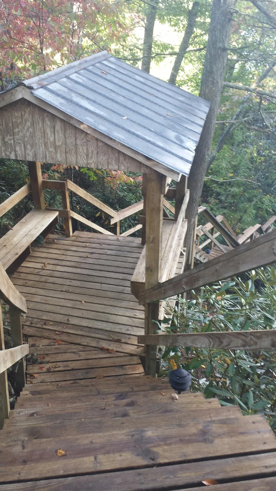 Metal roofed shelter over wooden steps on a wooded walkway — Skylight Repair & Installation work by our crew in Ambridge